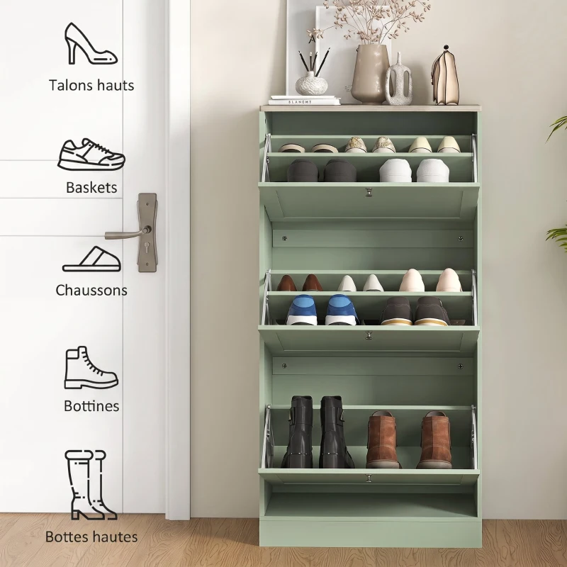 HOMCOM Meuble à Chaussures Style Moderne, 3 Portes Abattantes, 18 Paires de Chaussures, 60 x 23,5 x 115 cm, Vert