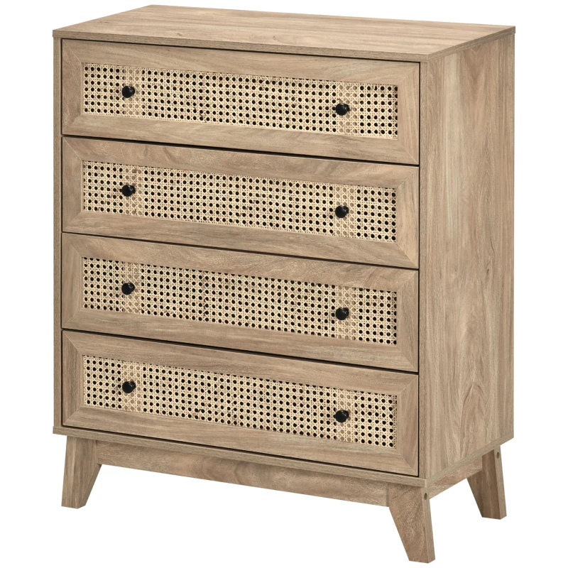 HOMCOM Storage Cabinet, 4-Drawer Unit with Rattan Element for Bedroom, Living Room, 80cmx35cmx95cm, Wood Effect