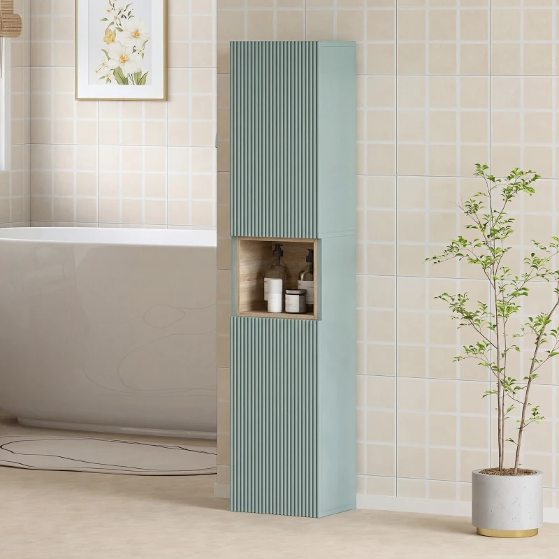 HOMCOM Coluna Casa de Banho Estreita com Prateleira Aberta e Prateleiras Ajustáveis 2 Portas Caneladas 30x24x140 cm Verde