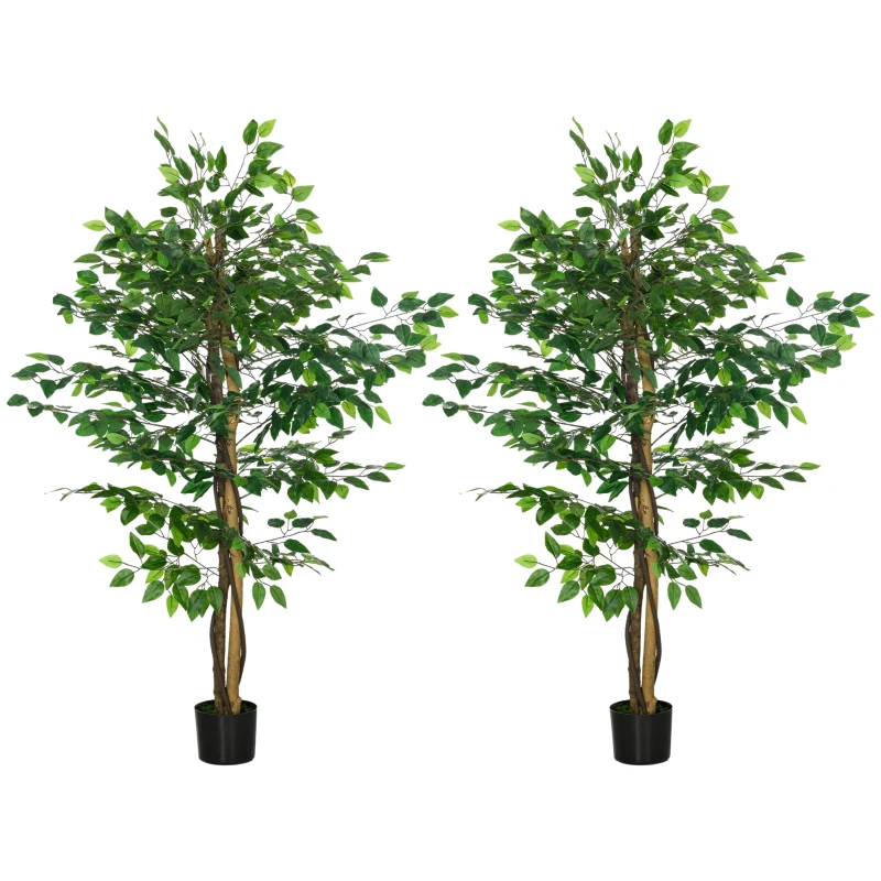 HOMCOM Lot de 2 plantes artificielles ficus hauteur 1,50 m tronc branches liane lichen feuilles grand réalisme pot inclus vert