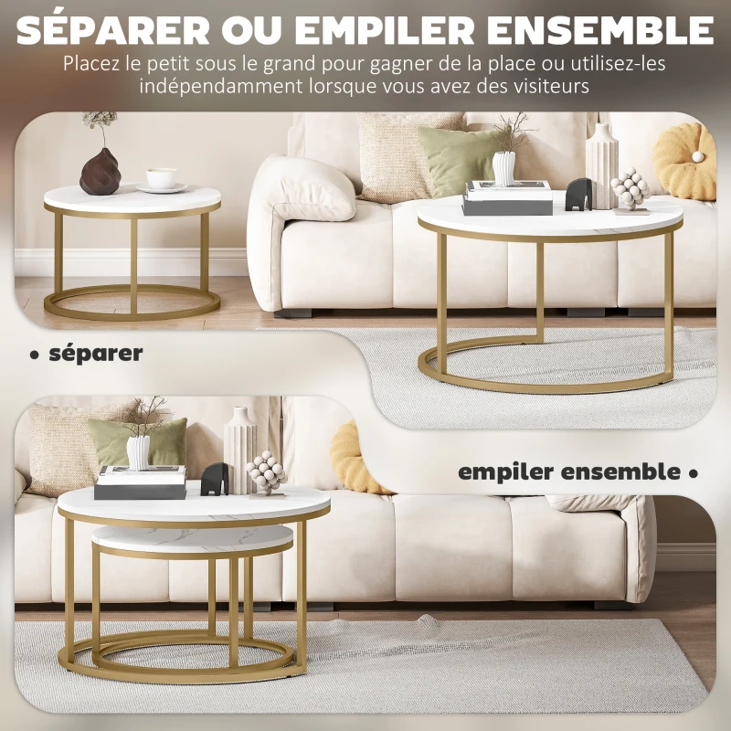 HOMCOM Lot de 2 tables basses gigognes empilable design industriel plateau imitation ciment pieds en métal blanc