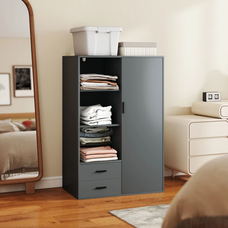 HOMCOM Armadio Moderno con 2 Cassetti, Ripiani Aperti e Vano Appendiabiti, 80x50x124 cm, Grigio Scuro