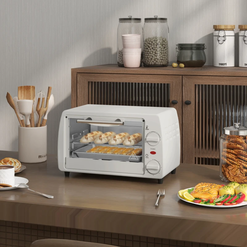 HOMCOM Mini-Ofen Toasterofen, 1 Backblech, 1 Grilrost, 10 L Kapazität, Timer-Funktion, 36,5 cm x 26 cm x 22 cm, Cremeweiß
