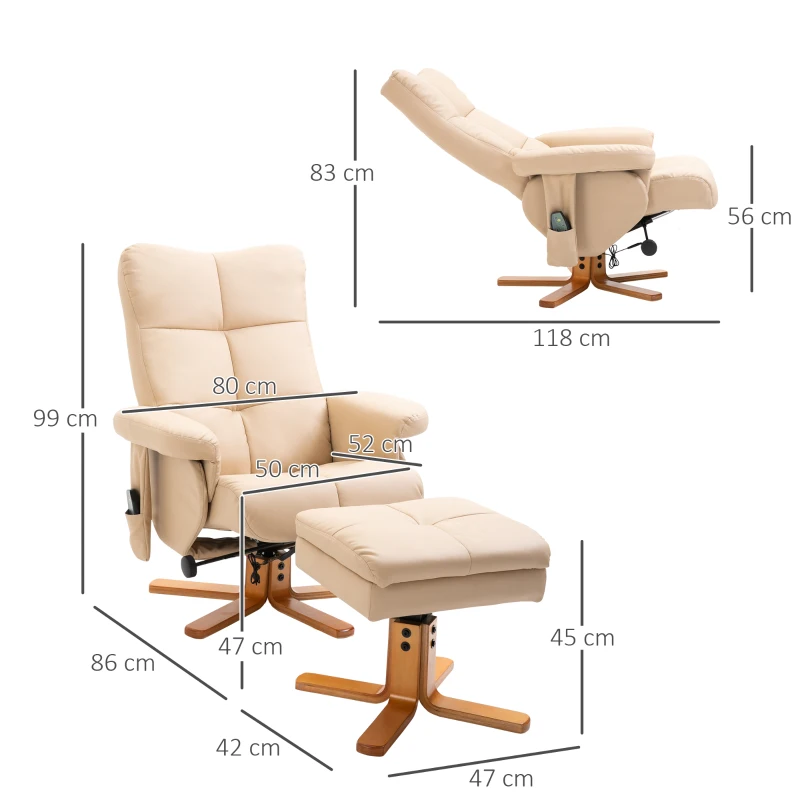 HOMCOM massagestoel met ottoman relaxstoel TV-stoel TV-stoel 145 ° helling kunstleer crèmewit 80 x 86 x 99 cm