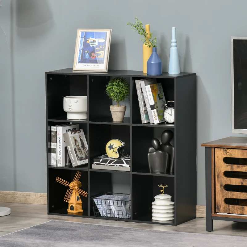 HOMCOM 3-tier 9 Cubes Storage Unit Particle Board Cupboard Bookcase Organiser Home Office Shelves, Black