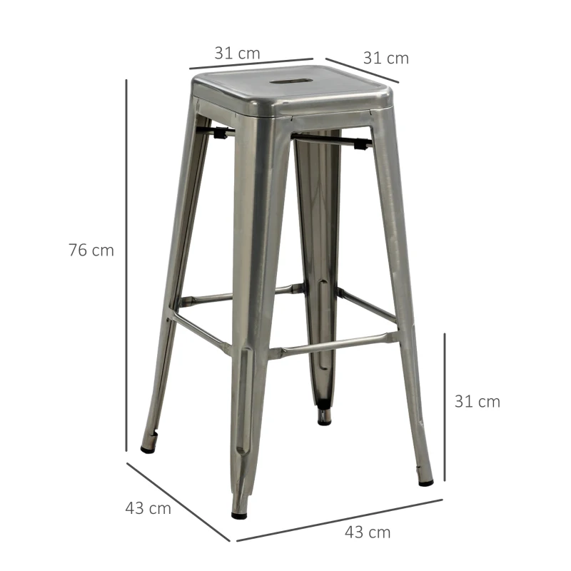 HOMCOM Set 4 Sgabelli Bar Impilabili con Poggiapiedi, Stile Industriale, in Acciaio, per Sala da pranzo, Argento