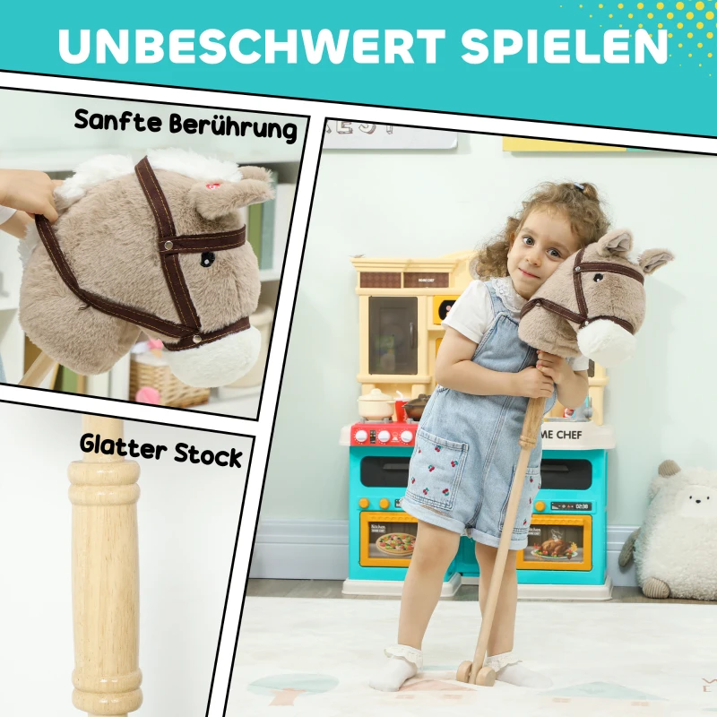 AIYAPLAY Steckenpferd Kinder Steckenpferde mit Sound, Rolle, Stockpferd zum Reiten für Kinder 24+ Monate, Grau