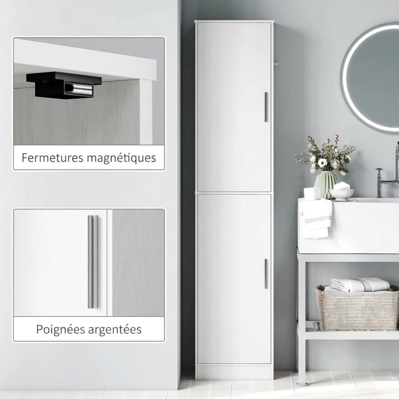 HOMCOM Meuble de salle de bain colonne avec 2 portes et 4 étagères réglables, 40 x 35 x 180 cm, blanc