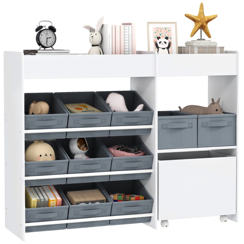 AIYAPLAY Kinder-Aufbewahrungsregal, Spielzeugschrank für Kinder mit 11 Stoffboxen, oberen Fächern, Weiß