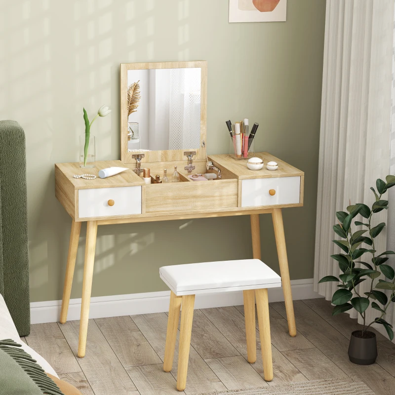 HOMCOM Ensemble de coiffeuse avec tabouret miroir rabattable style scandinave 2 tiroirs 100 x 45 x 118 cm naturel et blanc