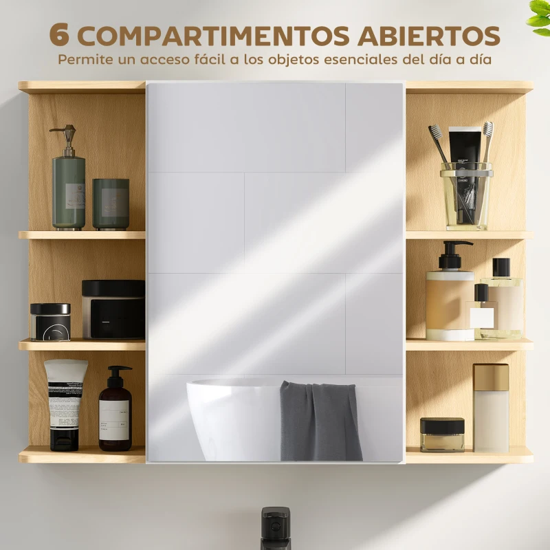 HOMCOM Armario de Baño de Pared con Espejo Puerta Estantes Abiertos 80x20x59 cm Natural