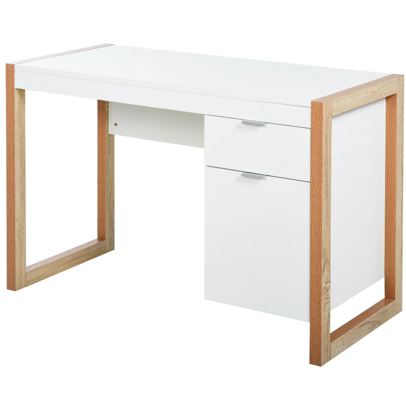 HOMCOM Mesa de Escritorio Espaciosa con Cajón Armario Patas en Forma de Marco de Estilo Moderno 112,5x50x75,5 cm Blanco