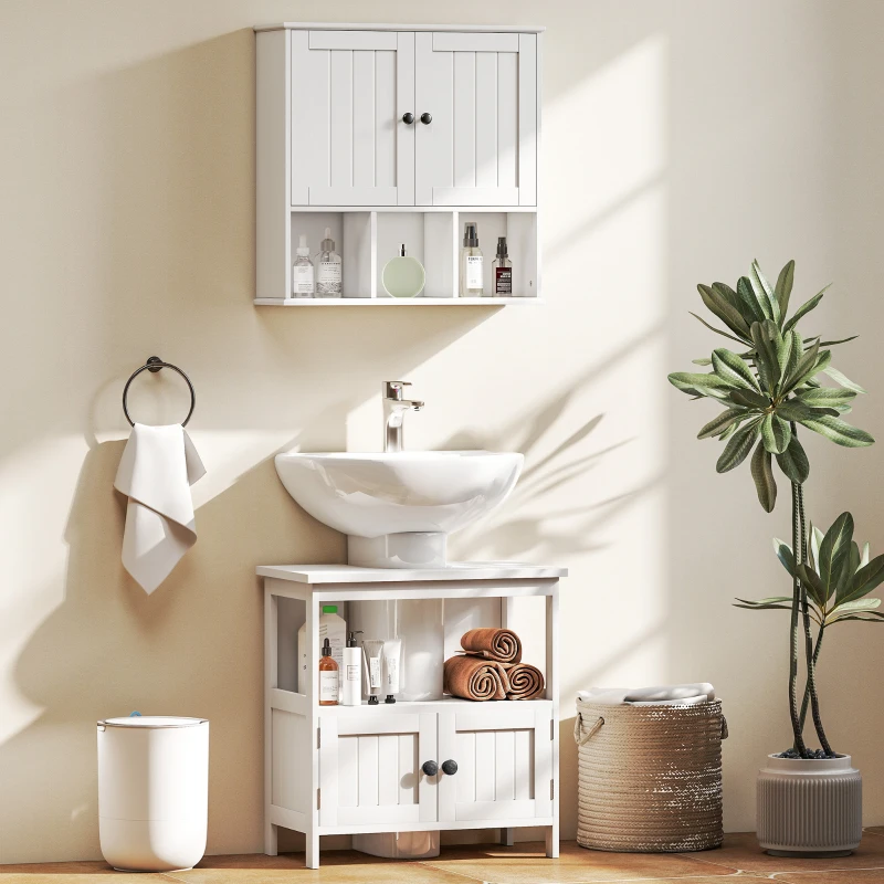 kleankin Pedestal Under Sink Cabinet with Double Doors, Modern Bathroom Vanity Storage Unit with Shelves, White