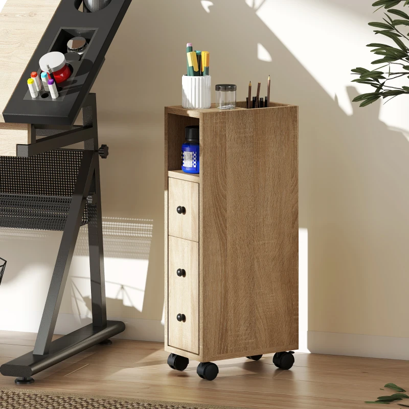 kleankin Armario de Baño con Ruedas Mueble Auxiliar para Baño con Estante Abierto Puerta y Cajón 18x30x68,5 cm Roble