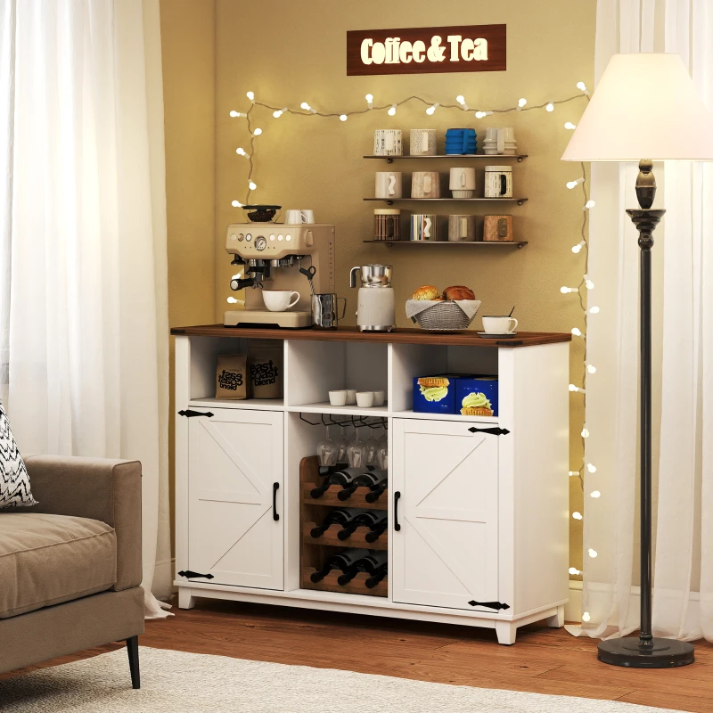 HOMCOM Aparador de Cocina Rústico con Estantes Ajustables y Botellero Mueble Auxiliar para Comedor, Salón 120x37x88 cm Blanco