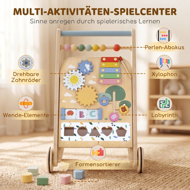 AIYAPLAY Baby Lauflernwagen Holz Lauflernhilfe mit Rädern regulierbarer Geschwindigkeit Bauklötze für Kleinekinder ab 18 Monaten
