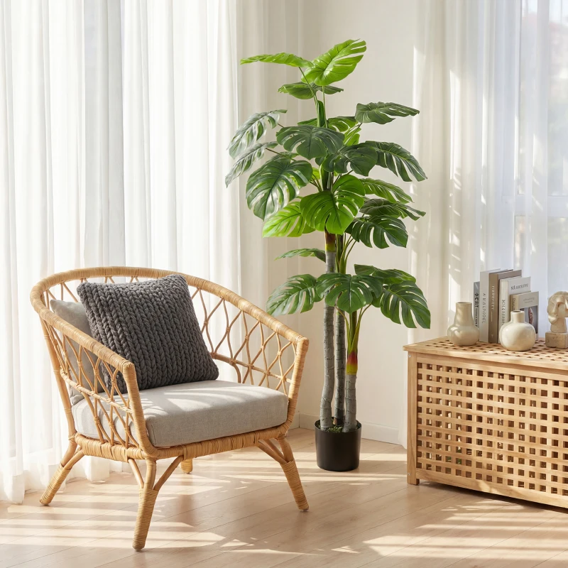 HOMCOM Arbre Artificiel Plante Artificielle Monstera H.1,5 m Tronc Branches Lichen Feuilles de Tortue Grand réalisme Pot Inclus