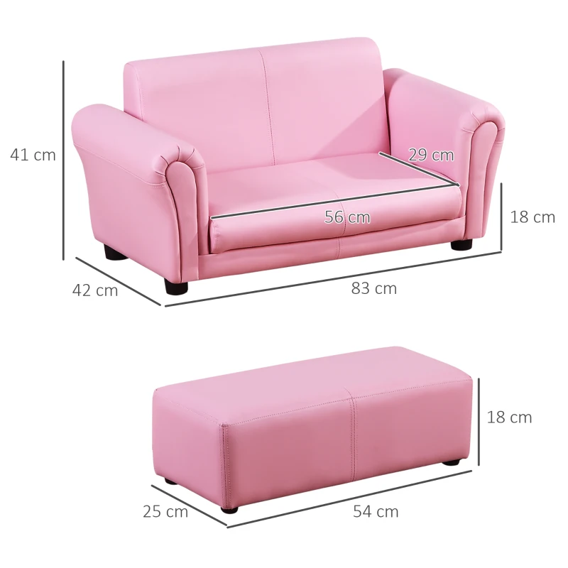 HOMCOM Kindersessel mit Fußhocker, Kindercouch mit Hocker, Kindersofa, Sofa Sessel, Rosa 83 x 42 x 41 cm