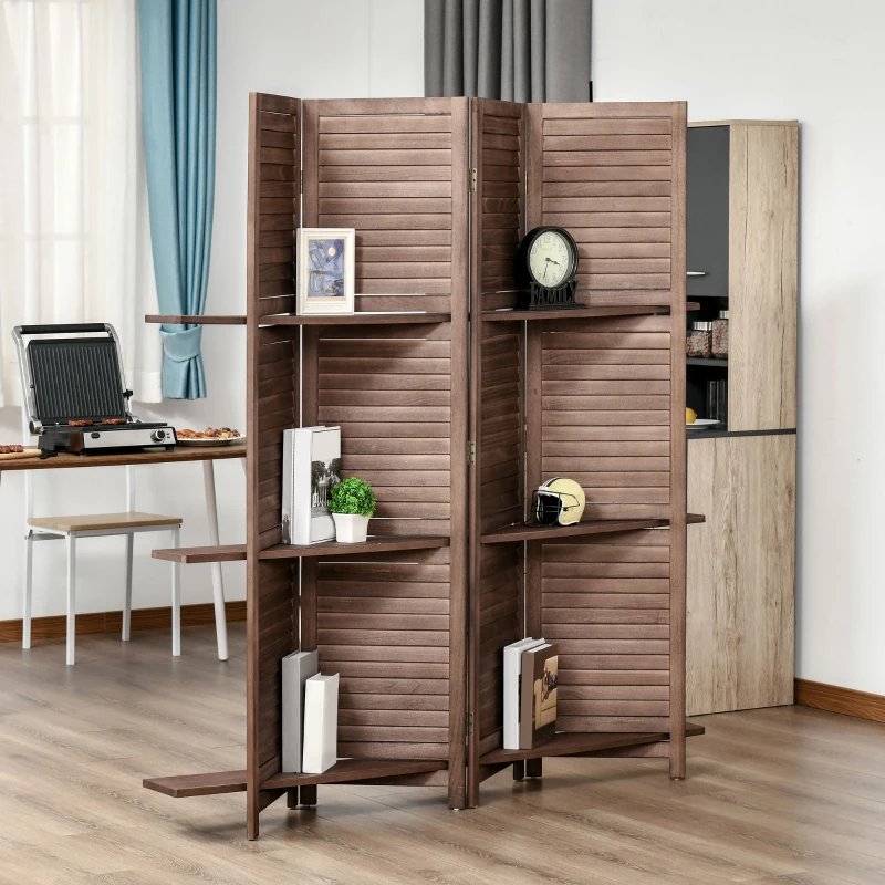 HOMCOM Paravent intérieur 4 Panneaux 162L x 170H cm 3 étagères Pliables séparateur de pièce Portes persiennes Bois de Paulownia Noyer