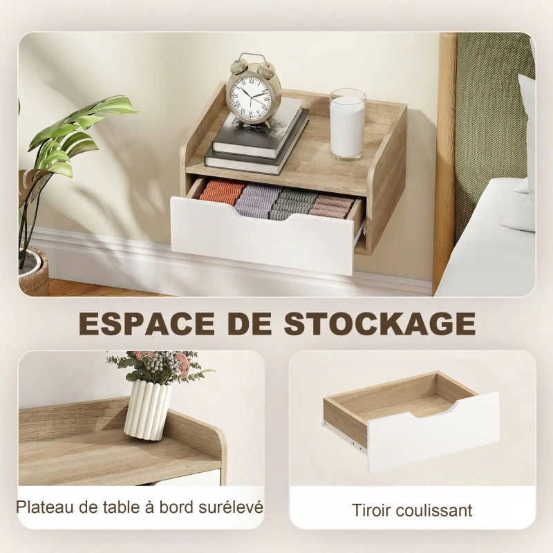 HOMCOM Lot de 2 tables de chevet murales, tables de nuit avec tiroir et plateau à rebords surélevés, 40x30x19,5cm, bois naturel