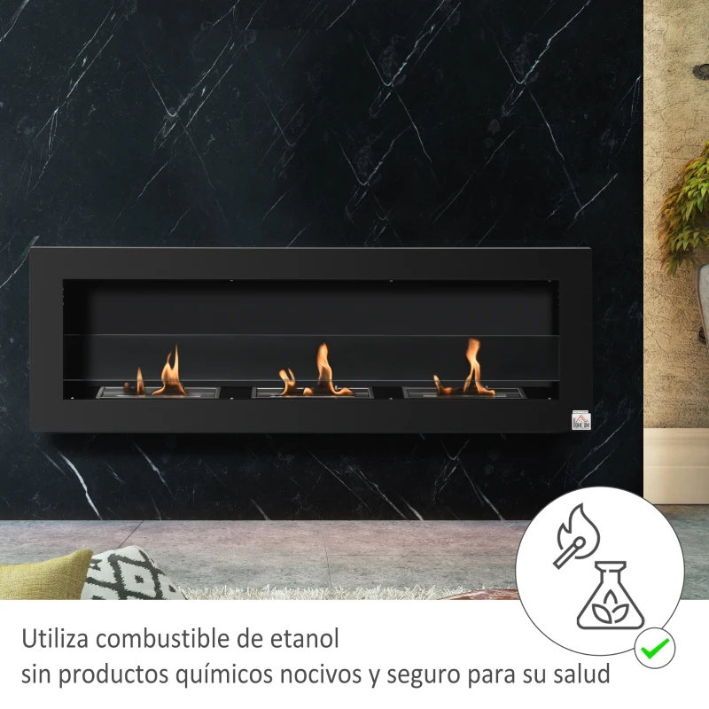 HOMCOM Chimenea de Bioetanol de Pared con Tanque de 1 L Tiempo de Combustión 3H para Interiores 20 m² 120x15x40 cm Negro