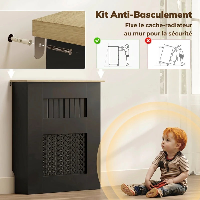 HOMCOM Couvercle de Radiateur en Bois à Lattes avec Détails Croisés et Étagère Supérieure, 78 x 19 x 81 cm, Noir