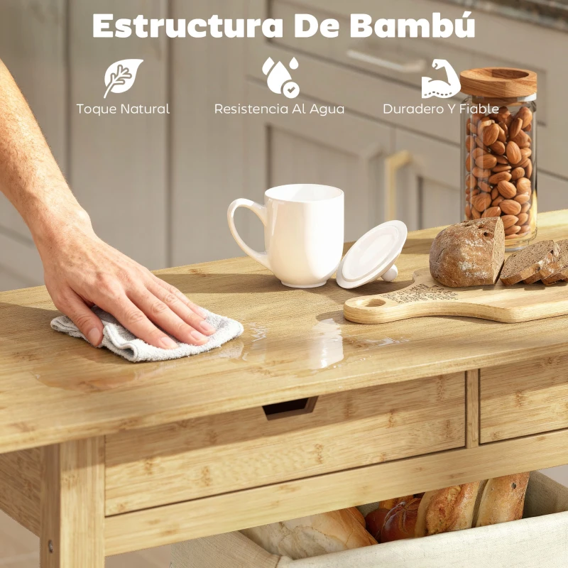 HOMCOM Carrito Auxiliar con Ruedas de Bambú Carro de Servicio con 2 Cajones 2 Estantes de Listones 100x43x75 cm Natural