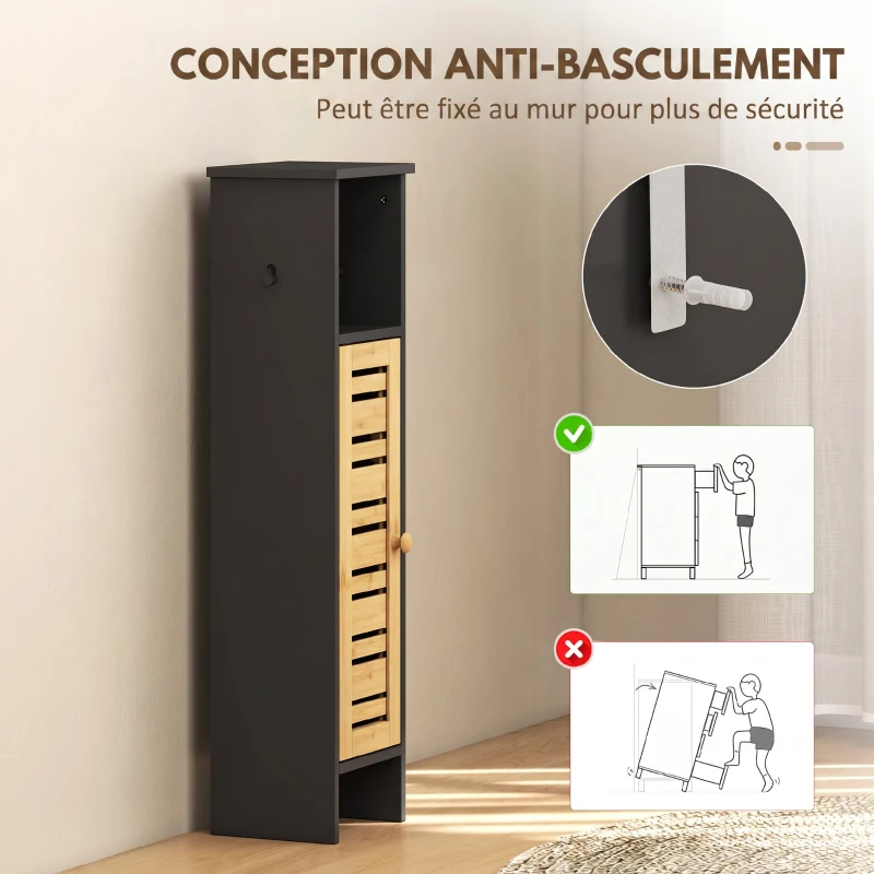 HOMCOM Meuble de salle de bain avec support papier toilette barre amovible 3 Niveaux + Sortie Papier, 78H cm, Bambou noir