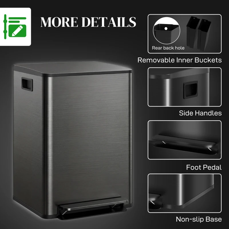 HOMCOM 60L Dual Compartment Stainless Steel Bin, with Deodoriser Holders - Black