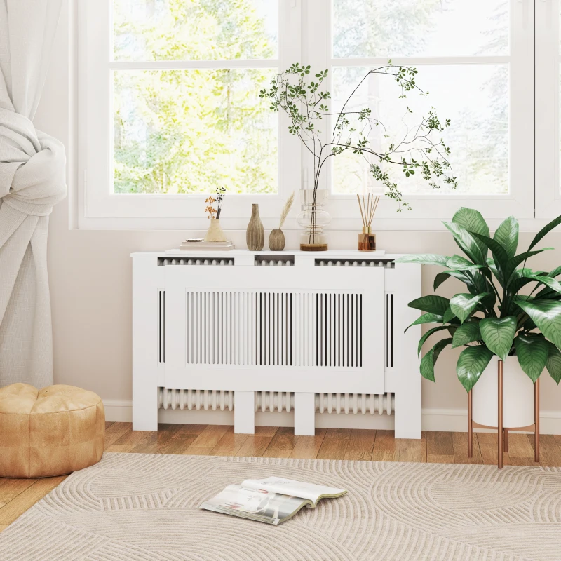 HOMCOM Radiatorbekleding, lamellenontwerp, verstelbare lengte 125-201 cm, MDF, wit(m-8)