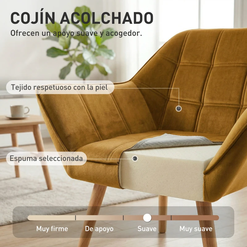 HOMCOM Butaca de Salón Moderna Tapizado en Terciopelo con Patas de Madera para Sala de Estar Amarillo