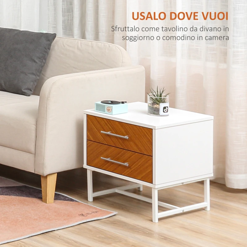 HOMCOM Set da 2 Comodini Moderni con 2 Cassetti in Metallo e Legno, 40x39x48cm, Marrone e Bianco