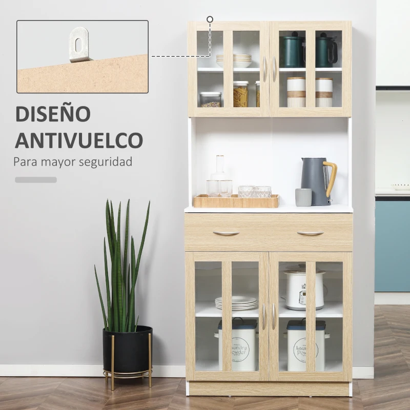 HOMCOM Alacena de Cocina con 4 Puertas de Vidrio Encimera Abierta Cajón Estantes Ajustables 80x40x180 cm Blanco y Natural