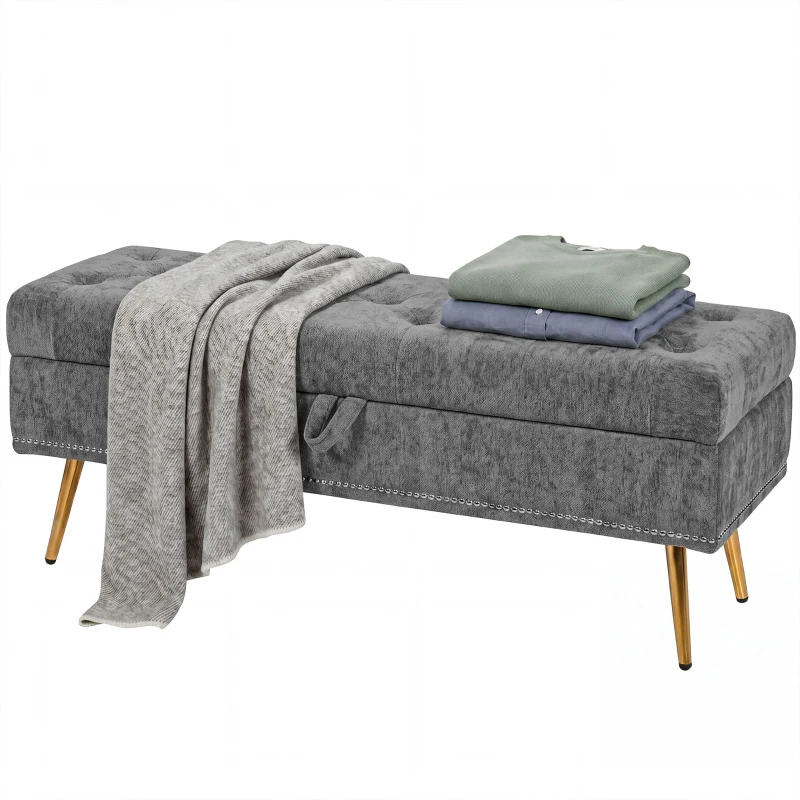 HOMCOM Storage Ottoman, Chenille Upholstered Ottoman Storage Box with Padded Seat, Metal Legs, 114 x 41 x 45 cm, Grey