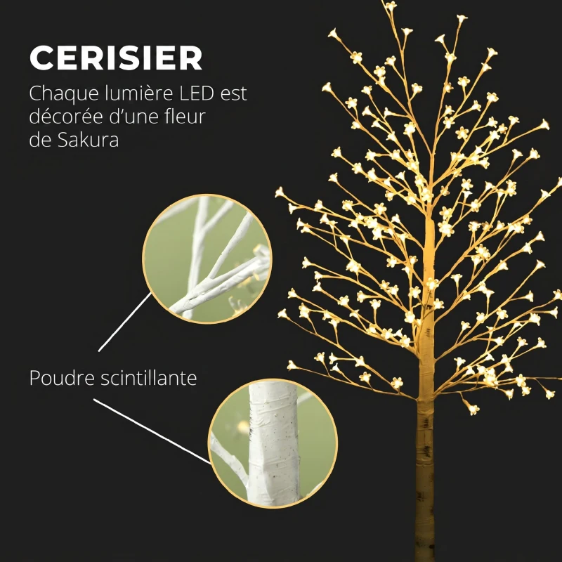 HOMCOM Arbre Lumineux LED 180 cm 180 LEDs Blanc Chaud, Arbre Artificiel de Cerisier en Fleurs, IP44, Intérieur Extérieur, Blanc