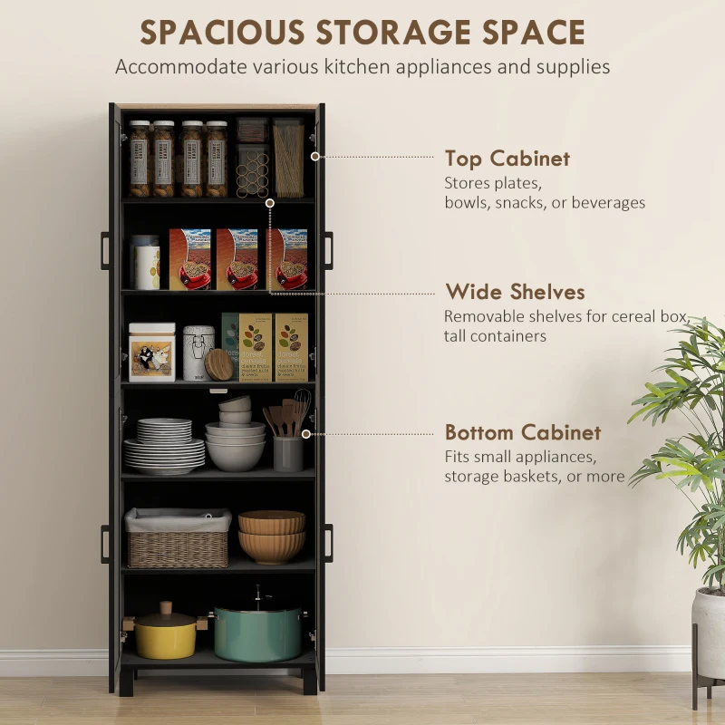 HOMCOM Freestanding Kitchen Cupboard, 4-Door Storage Cabinet with Adjustable Shelves, Modern Kitchen Pantry, 170cm, Black