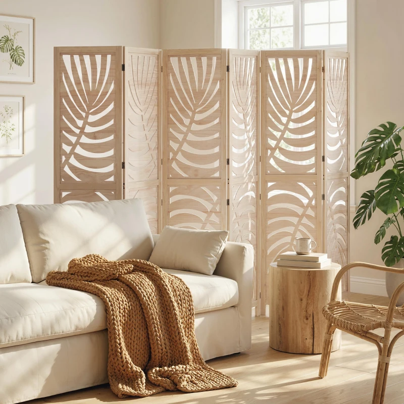 HOMCOM Paravent interieur en bois 6 panneaux 240 x 170 cm, pliable et portable, motif de feuille, design amovible, bois naturel