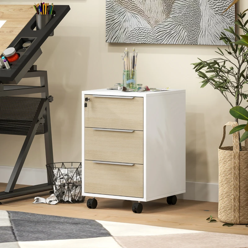 HOMCOM Mueble Archivador con Ruedas 3 Cajones Cerradura y 2 Llaves para Estudio Salón 40x40x63,5 cm Blanco y Roble