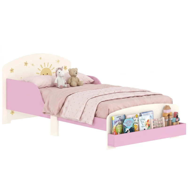 AIYAPLAY Pat pentru copii 3-8 ani, jos, din lemn, cu spațiu de depozitare și laterale de protecție, 150x77x60 cm, roz