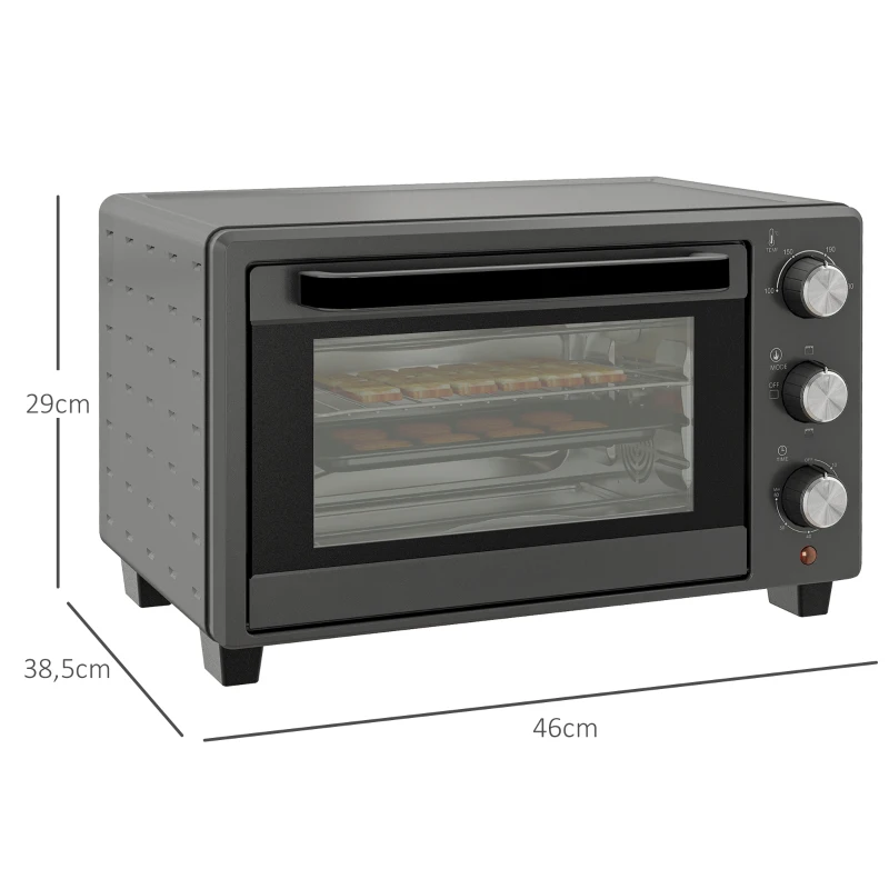 HOMCOM Minibakoven, 21 L Toasteroven met 1 draadrek en 1 bakplaat, 3 kookstanden, 100 °C-230 °C, roestvrij staal, glas, grijs(m-3)