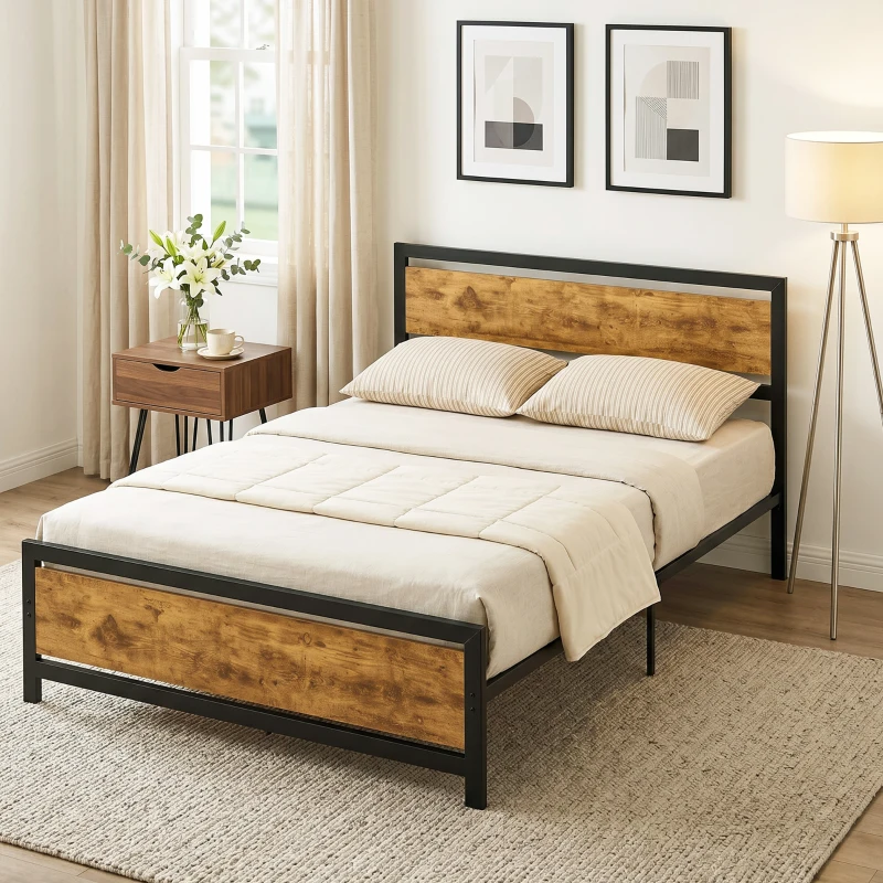 HOMCOM Struttura Letto Una Piazza e Mezza in Legno e Acciaio con Doghe in Stile Industriale, 140x200cm