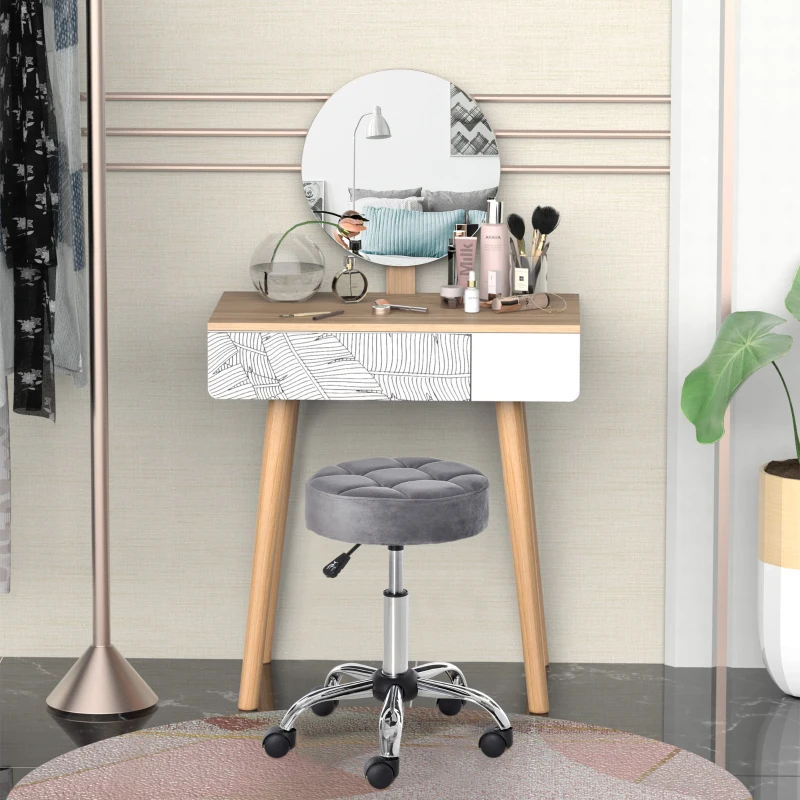HOMCOM Salonstuhl mit Rädern Rollhocker höhenverstellbar drehbar Salon Hocker Samt-Touch Schaumstoff Chrom-Basis Hellgrau 35 x 35 x 49-61 cm