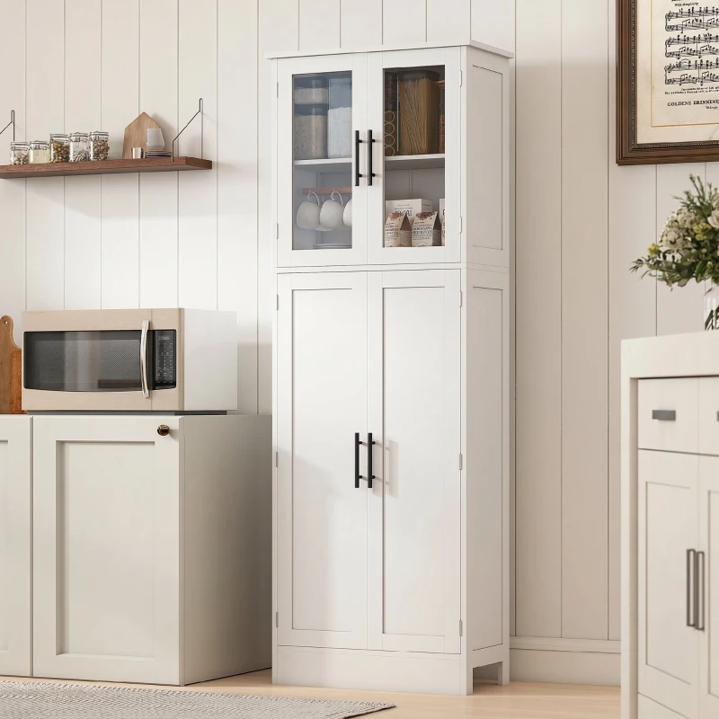 HOMCOM Meuble de salle de bain haut 6 niveaux, meuble de rangement avec 4 portes dont 2 vitrées et étagères réglables, blanc
