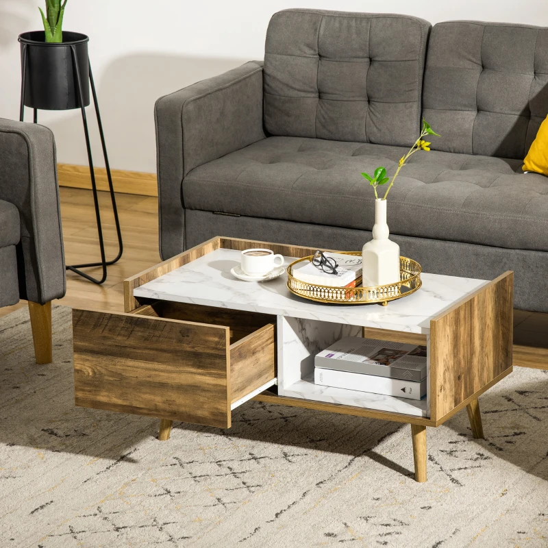 HOMCOM Tavolino da Caffè Rettangolare con Cassetto e Ripiano, 80x45x40.5cm, Marrone e Bianco