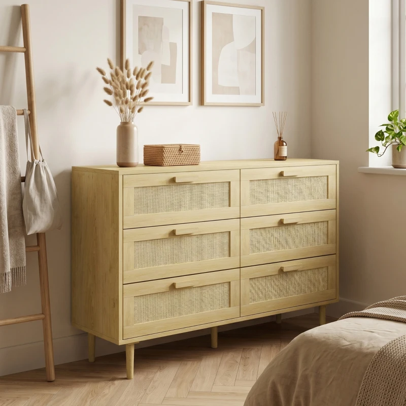HOMCOM Cómoda para Dormitorio con 6 Cajones con Frontal de Ratán Patas de Madera Cajonera Estilo Bohemio 110x40x75 cm Roble