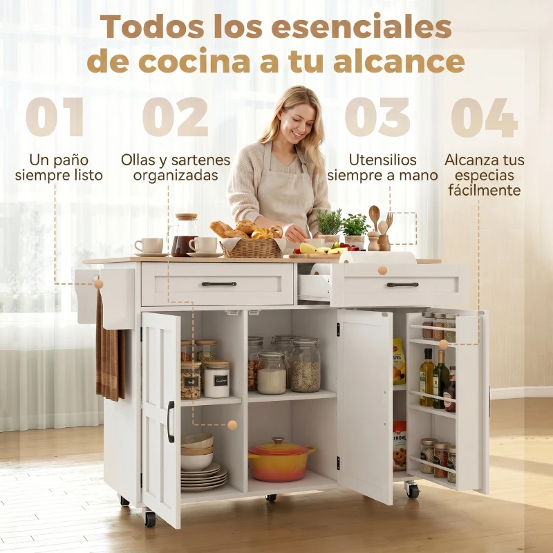 HOMCOM Isla de Cocina con Encimera Extensible Ruedas 2 Cajones 3 Armarios Estantes en la Puerta Toallero Blanco