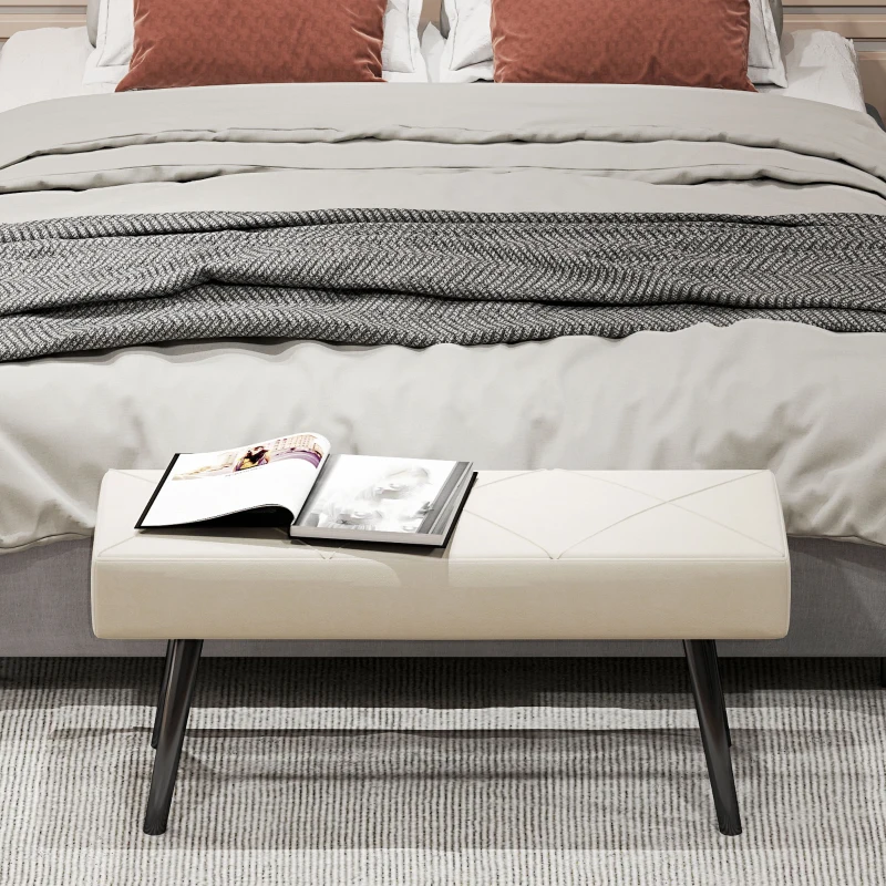 HOMCOM Taburete Pie de Cama Multifuncional con Pies de Acero y Asiento Acolchado para Entrada Pasillo 100x36x45 cm Blanco Crema