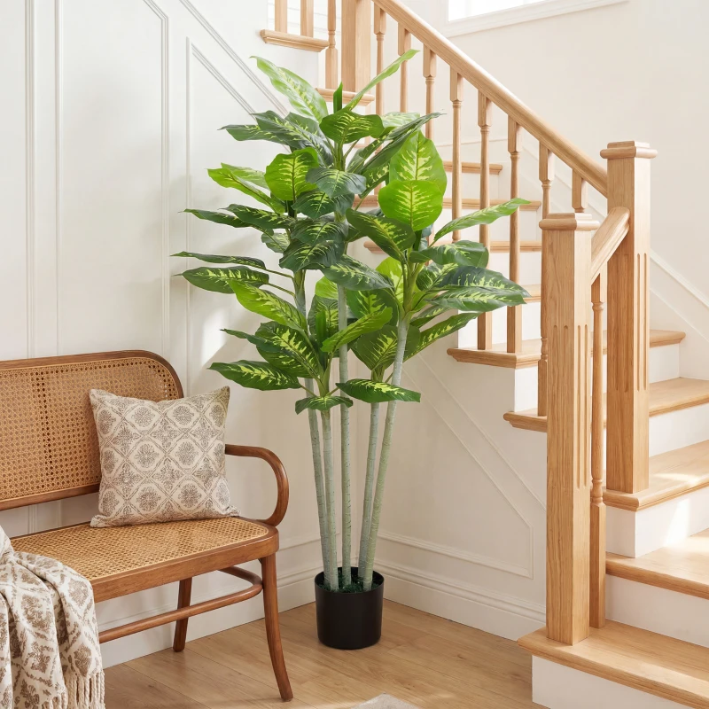 HOMCOM Plante artificielle calathea hauteur 150 cm pot ciment 53 feuilles - intérieur