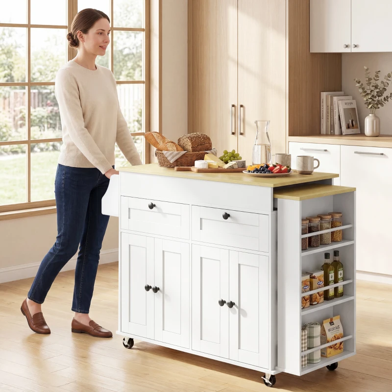 HOMCOM îlot central cuisine avec plateau extensible, desserte de cuisine sur roulettes avec 2 tiroirs, 4 portes, blanc