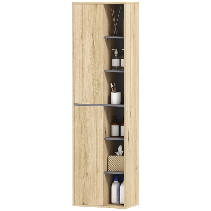 HOMCOM Coluna Casa de Banho de Parede Armário Alto Casa de Banho com Compartimentos Abertos e 2 Portas  40x24x141,5 cm Madeira